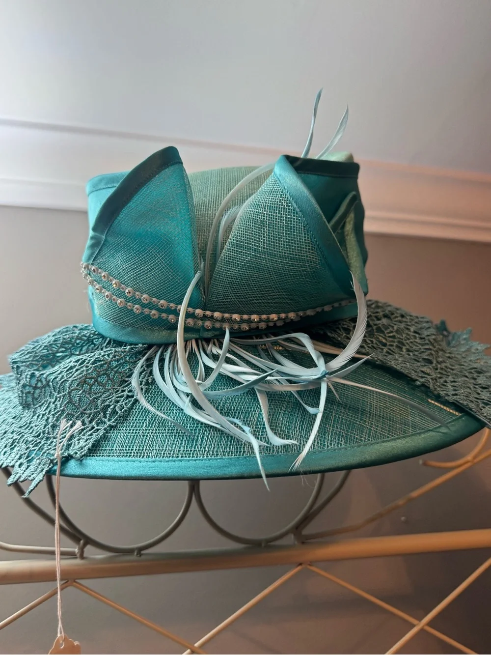Champagne Italy Aqua Women's Dress Hat with Decorative Trim and box